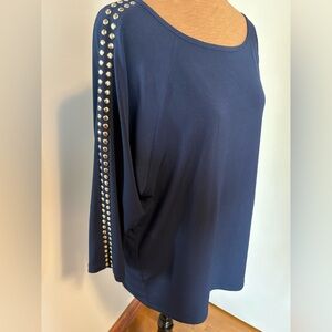 Michael Kors Navy 3/4 Sleeve Top with Gold Stud-Trim